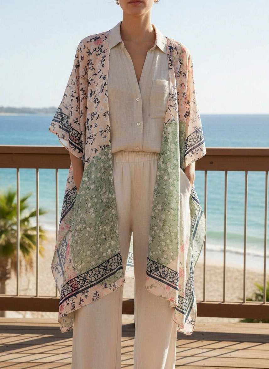 Pink-Aqua Daisy Patchwork Kimono