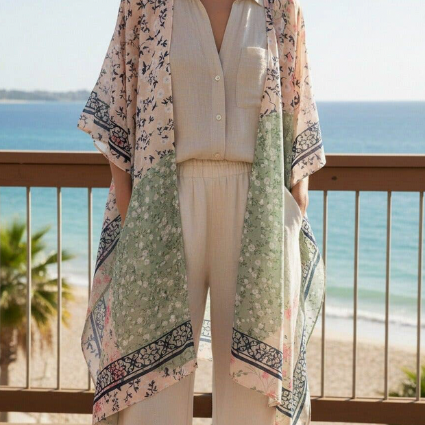 Pink-Aqua Daisy Patchwork Kimono