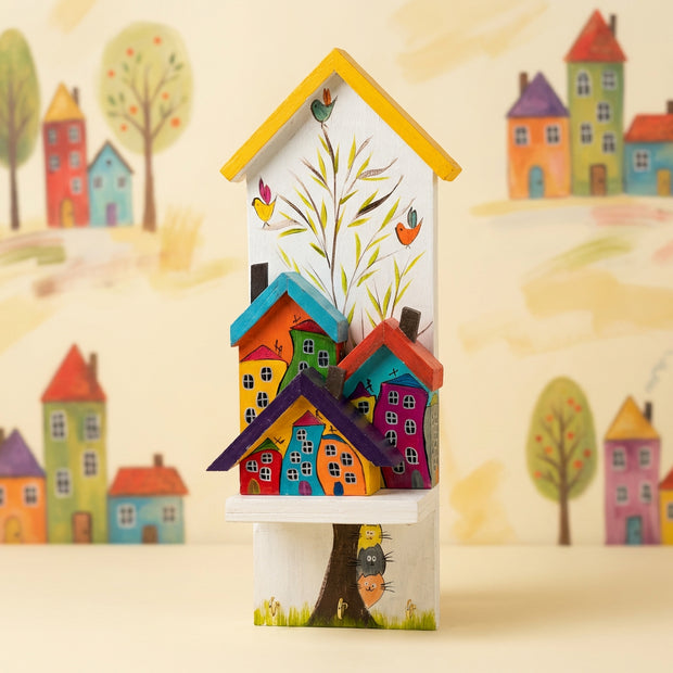 Hand-Painted Wooden Key Holder – Colorful Village Wall Decor
