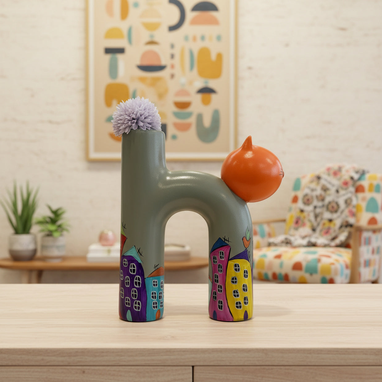 Hand-Painted Ceramic Cat Vase