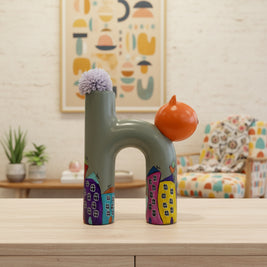 Hand-Painted Ceramic Cat Vase