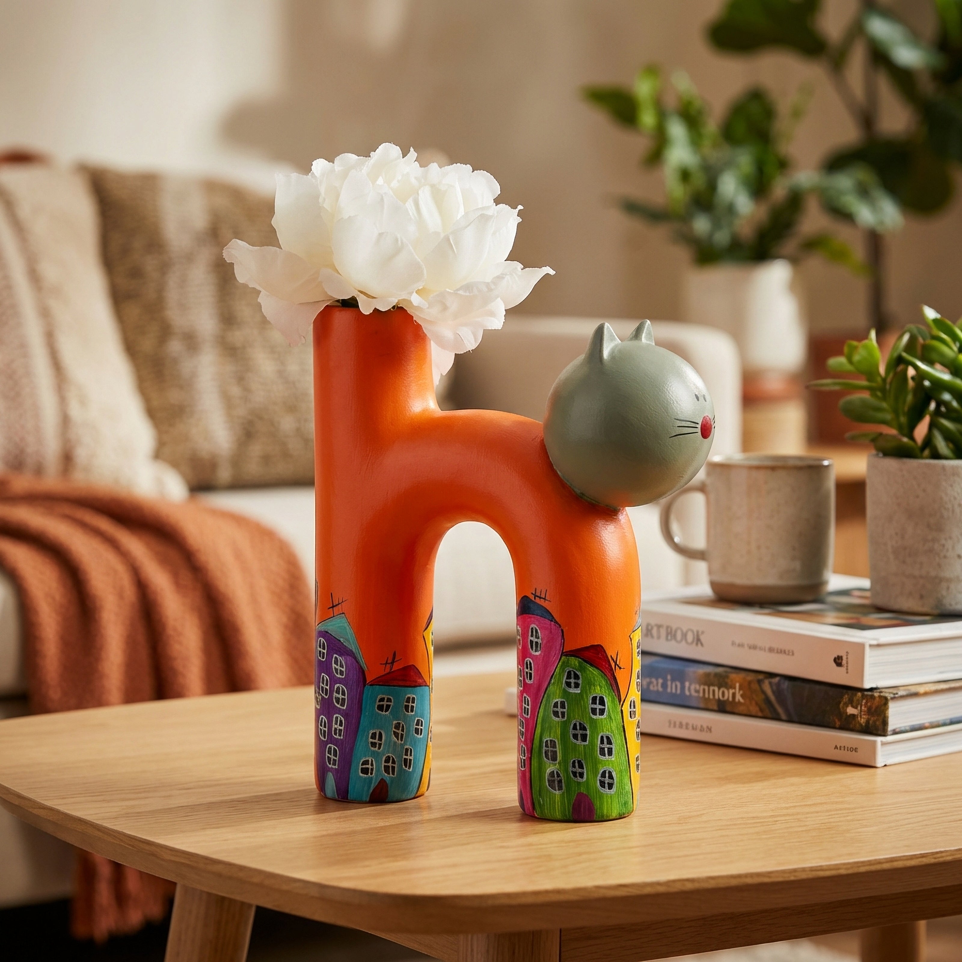 Hand-Painted Ceramic Cat Vase