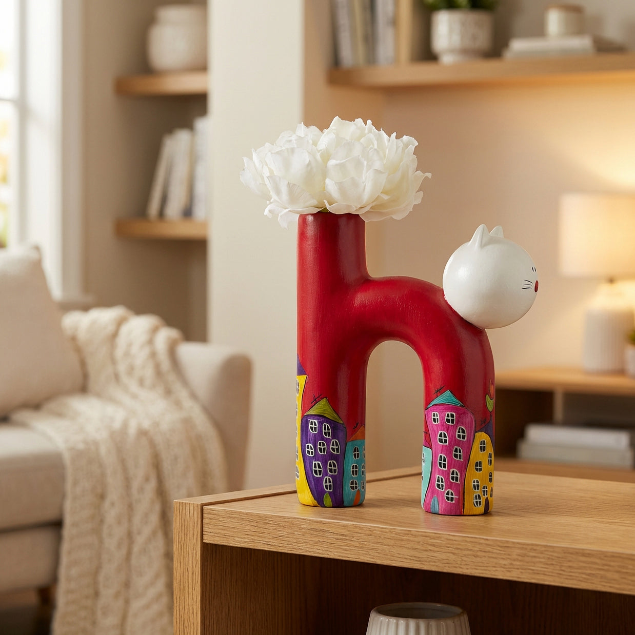 Hand-Painted Ceramic Cat Vase