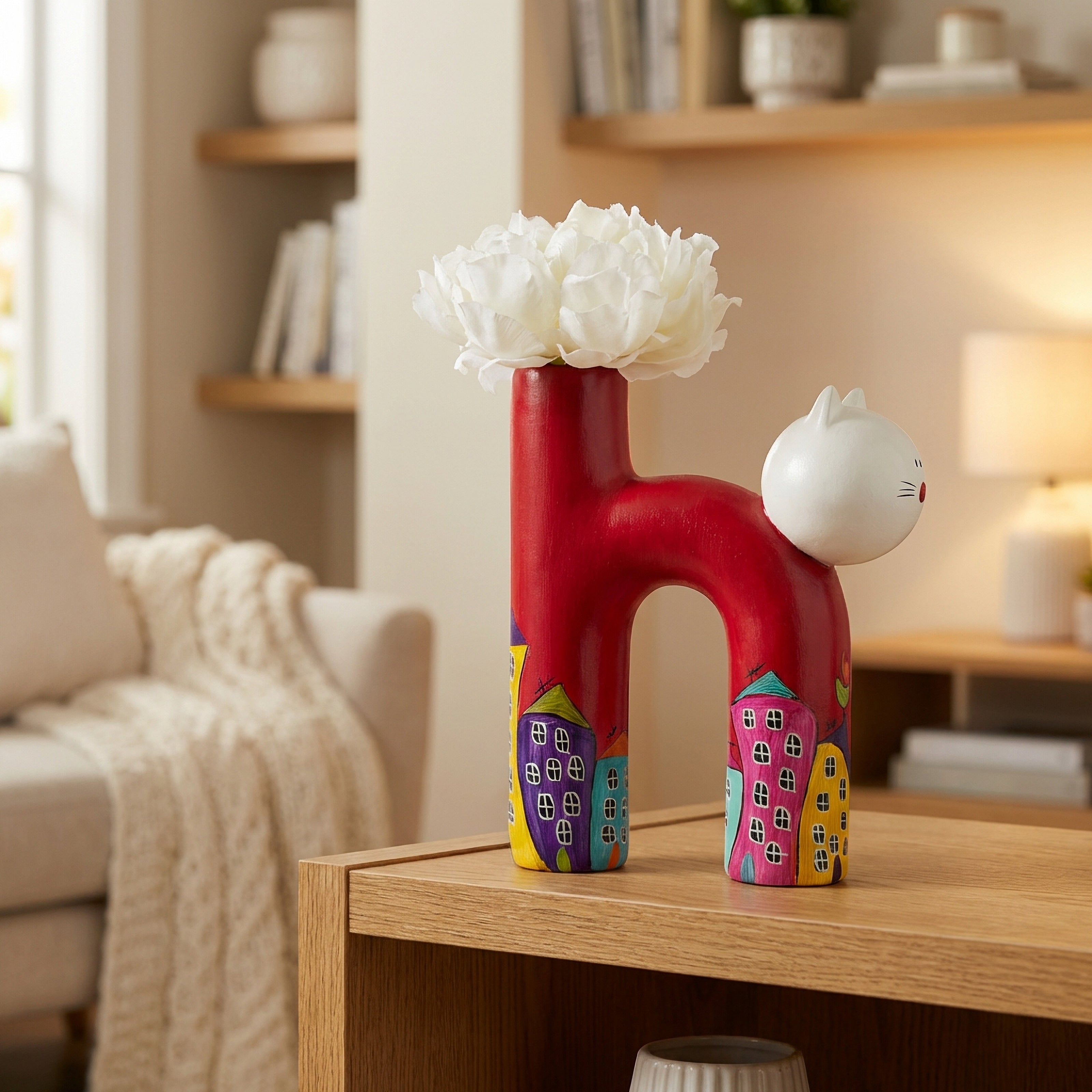 Hand-Painted Ceramic Cat Vase