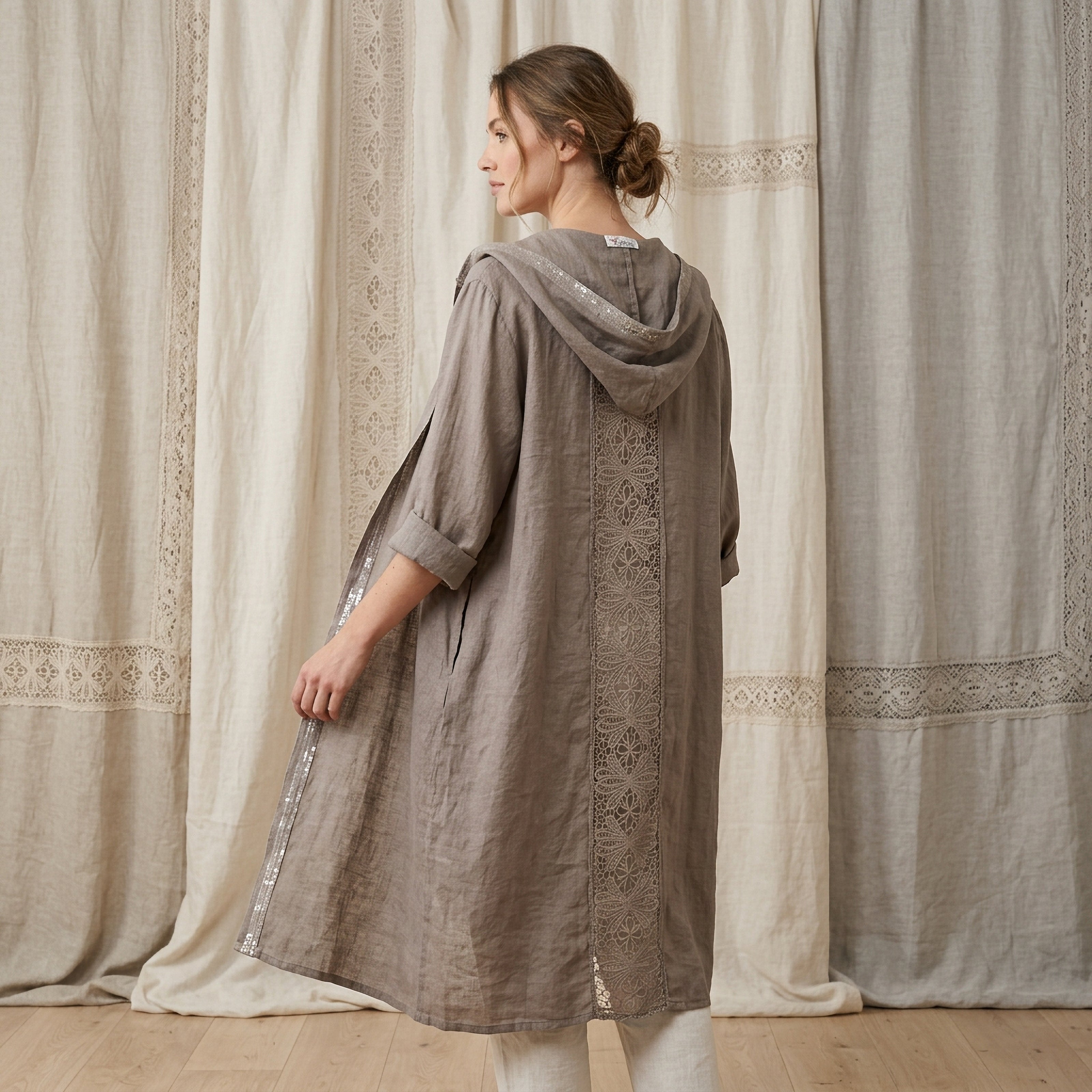 Italian Linen Hooded Kimono – Lightweight Natural Linen Layering Piece