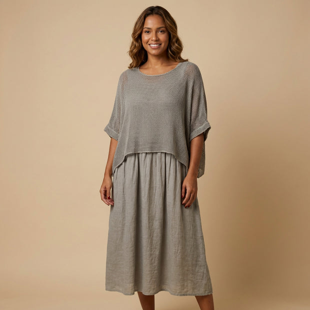 Italian Linen Midi Dress with Lightweight Knit Top - Stone