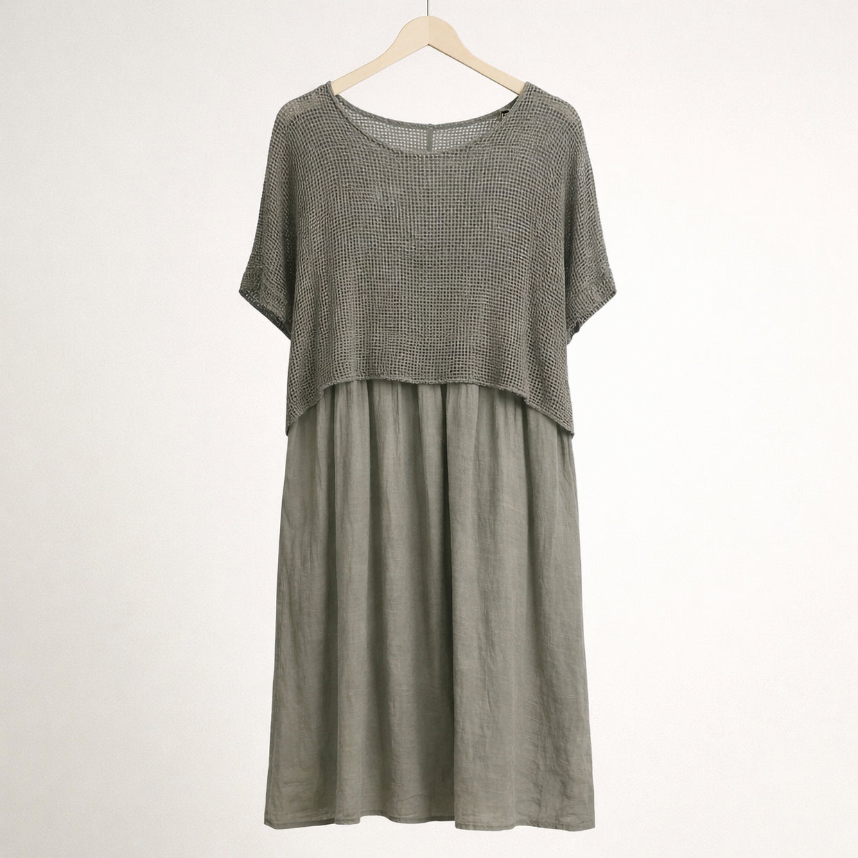 Italian Linen Midi Dress with Lightweight Knit Top - Stone