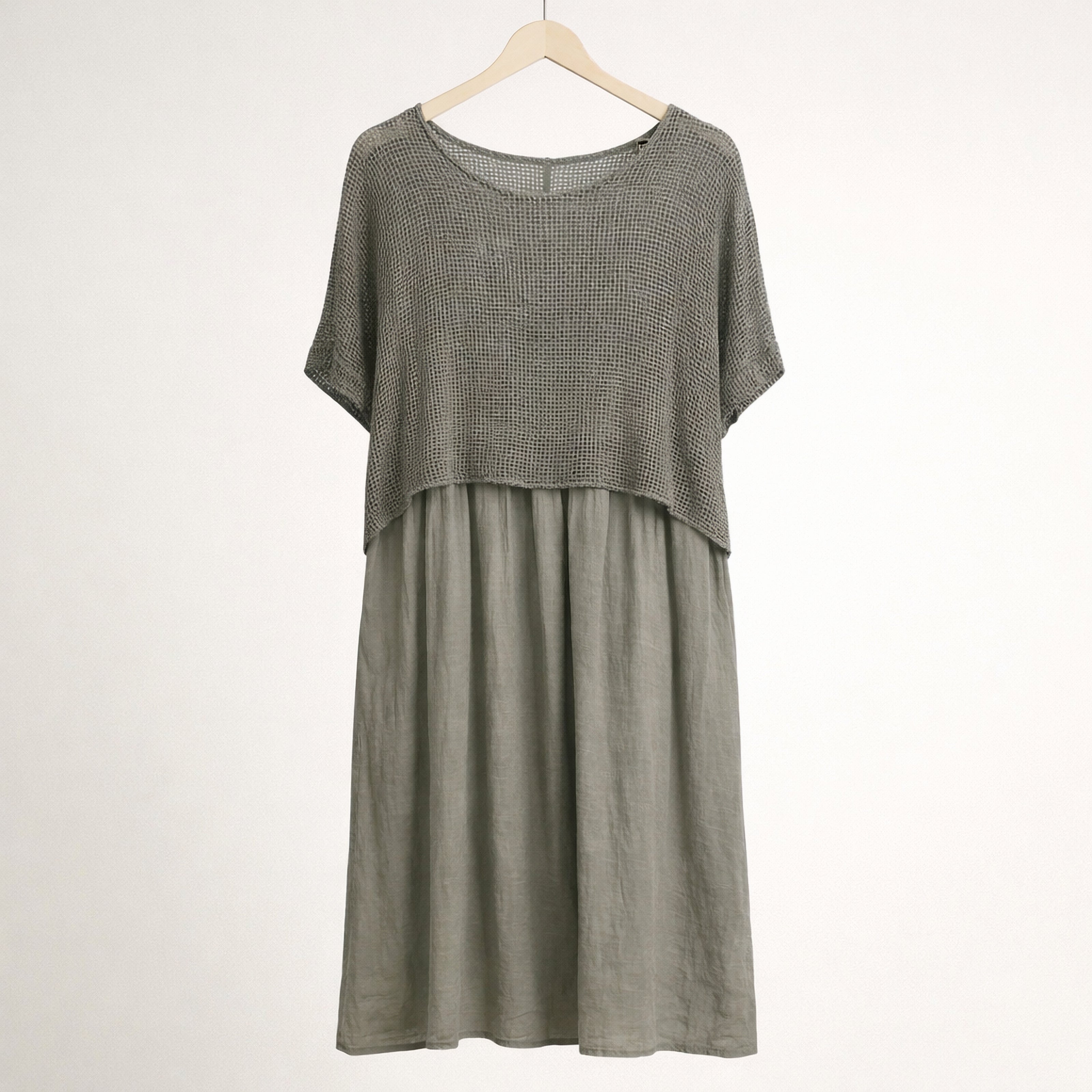 Italian Linen Midi Dress with Lightweight Knit Top - Stone