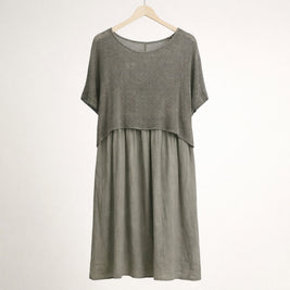 Italian Linen Midi Dress with Lightweight Knit Top - Stone