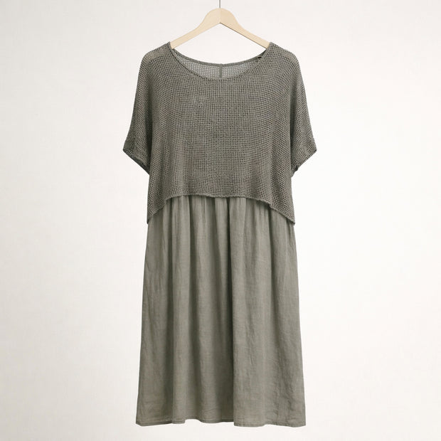Italian Linen Midi Dress with Lightweight Knit Top - Stone