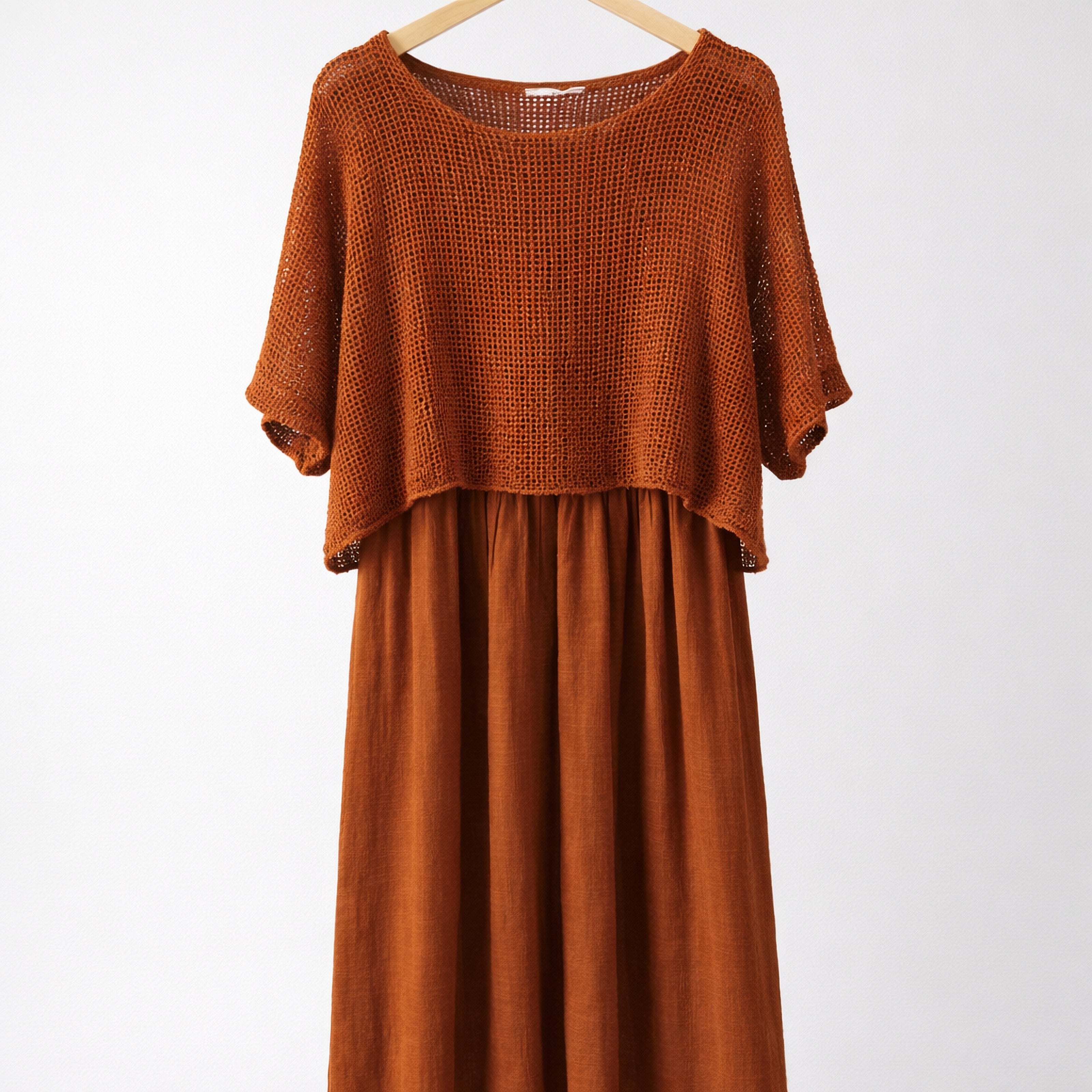 Italian Linen Midi Dress with Lightweight Knit Top - Stone