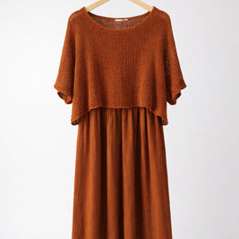 Italian Linen Midi Dress with Lightweight Knit Top - Stone