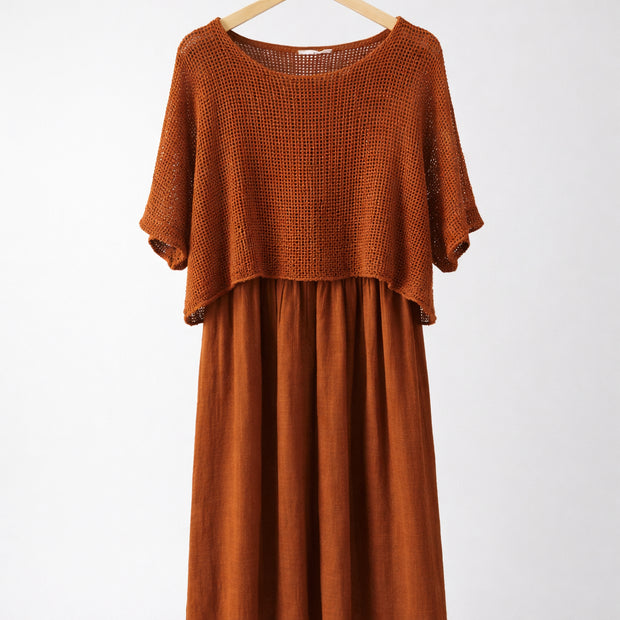 Italian Linen Midi Dress with Lightweight Knit Top – Terracotta