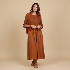 Italian Linen Midi Dress with Lightweight Knit Top - Stone