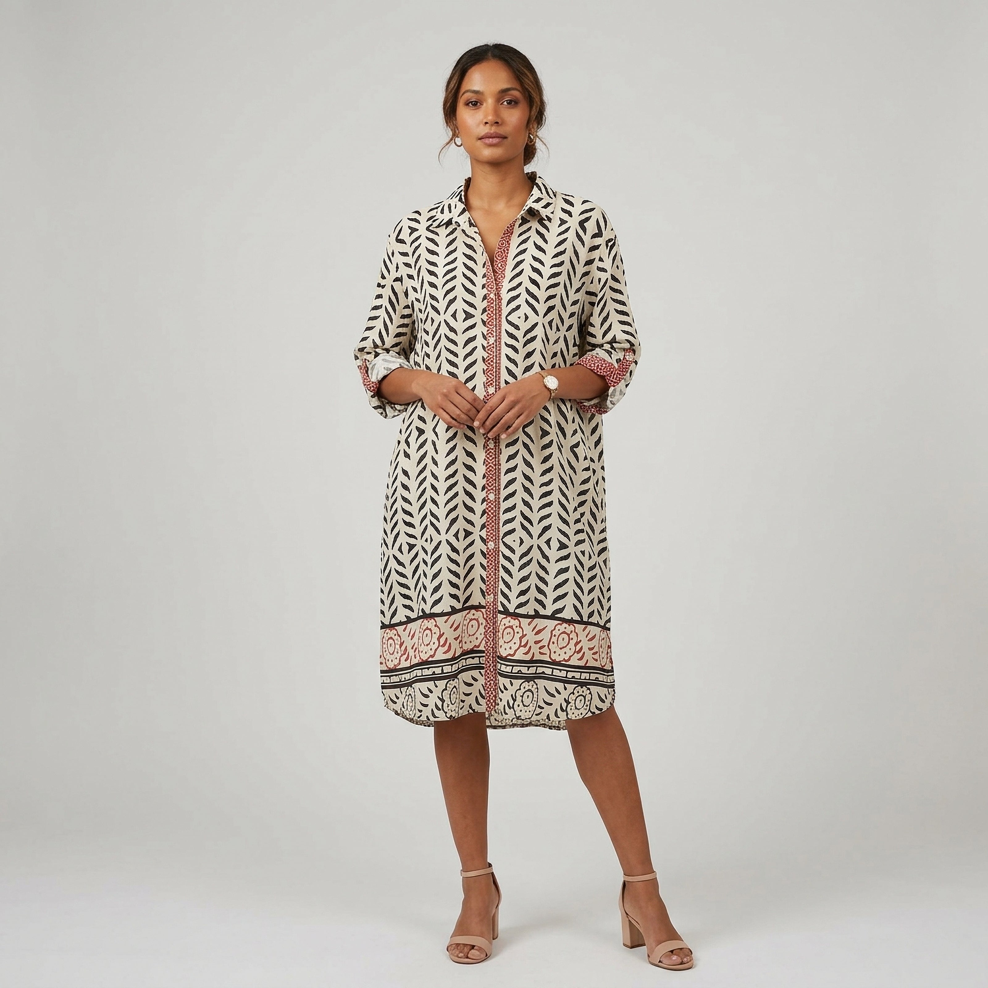 Cotton Printed Midi Shirt Dress