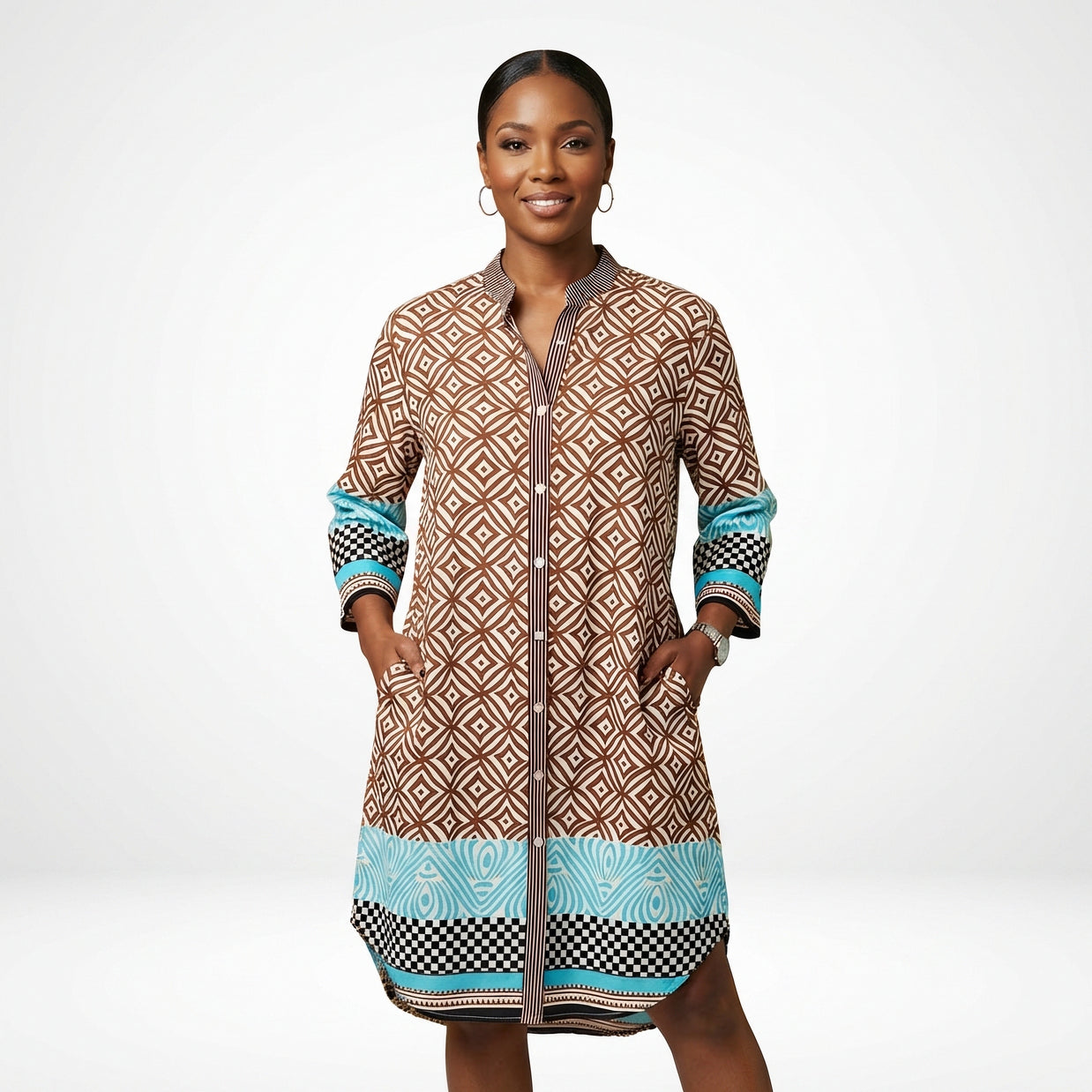 Brown Geometric Print with Turquoise Detail Cotton Midi Shirt Dress
