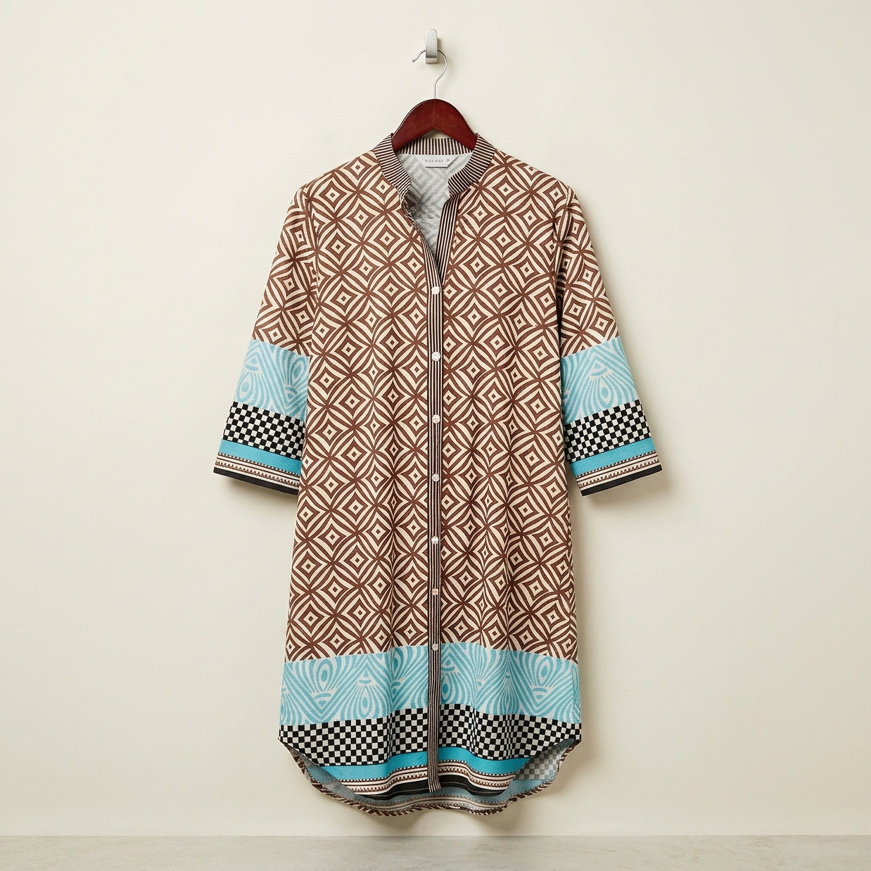 Brown Geometric Print with Turquoise Detail Cotton Midi Shirt Dress