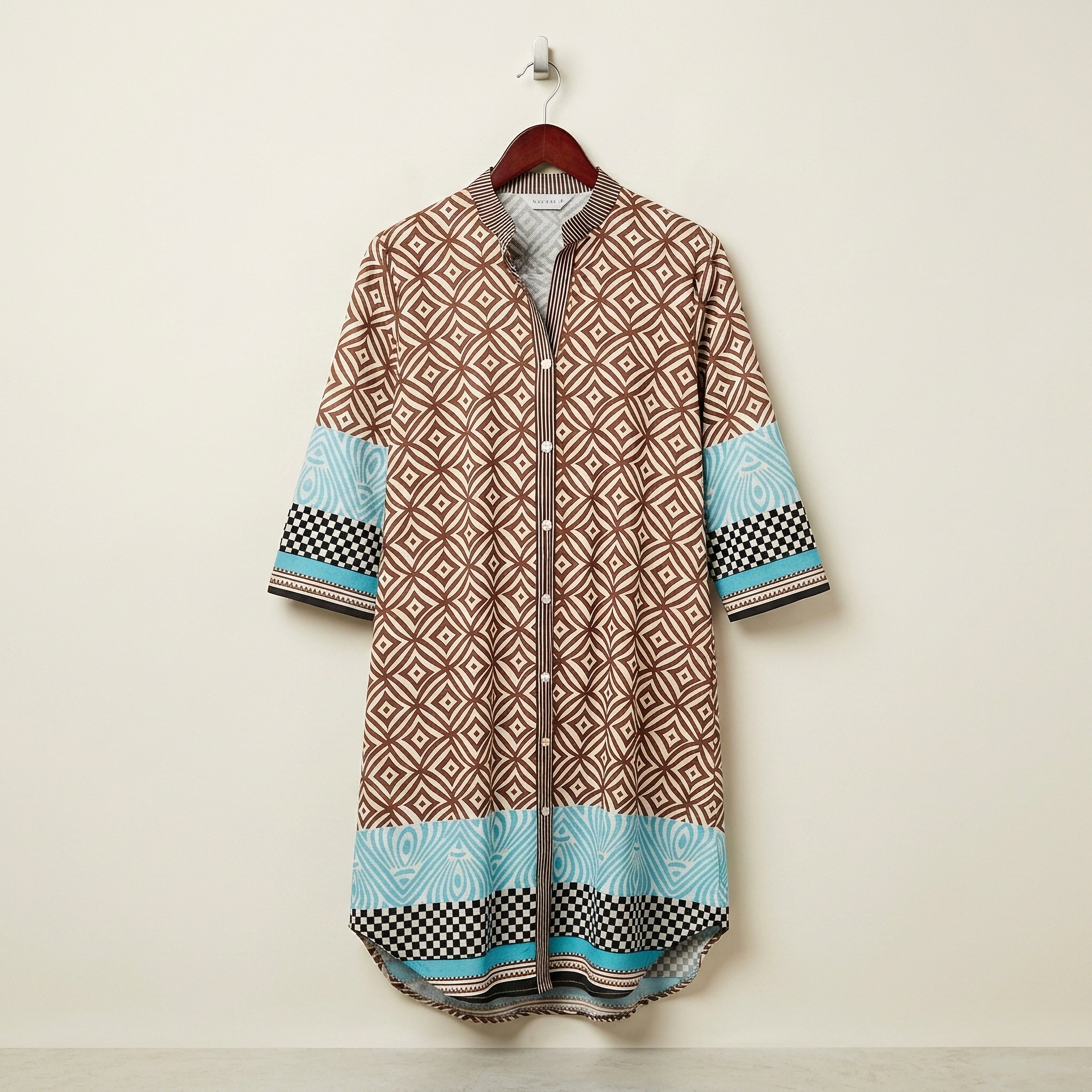 Brown Geometric Print with Turquoise Detail Cotton Midi Shirt Dress