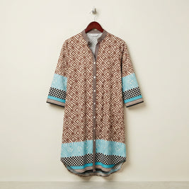 Brown Geometric Print with Turquoise Detail Cotton Midi Shirt Dress
