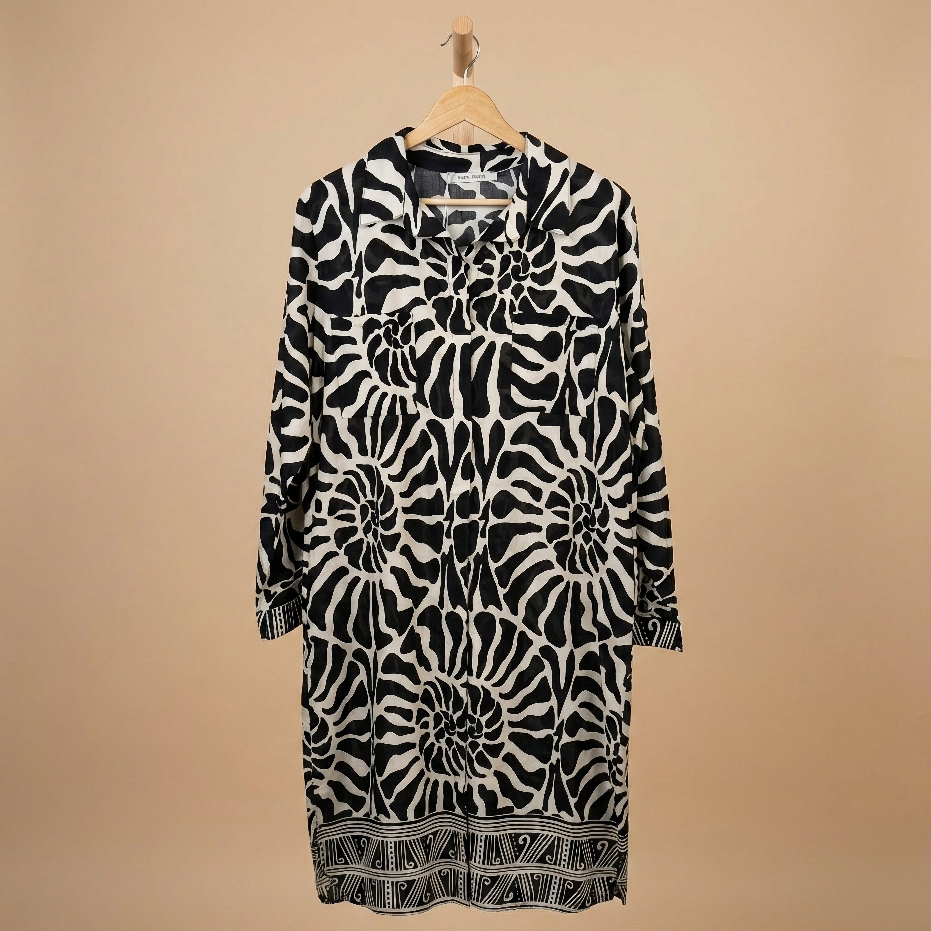 Cotton Black & Cream Pattern Printed Midi Shirt Dress