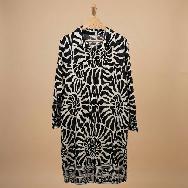 Cotton Black & Cream Pattern Printed Midi Shirt Dress