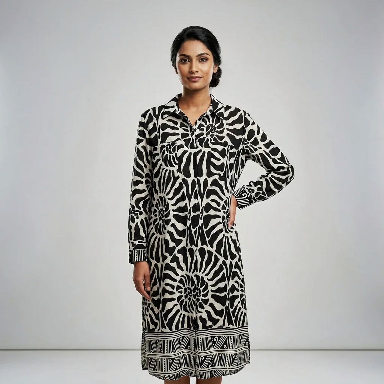 Cotton Black & Cream Pattern Printed Midi Shirt Dress
