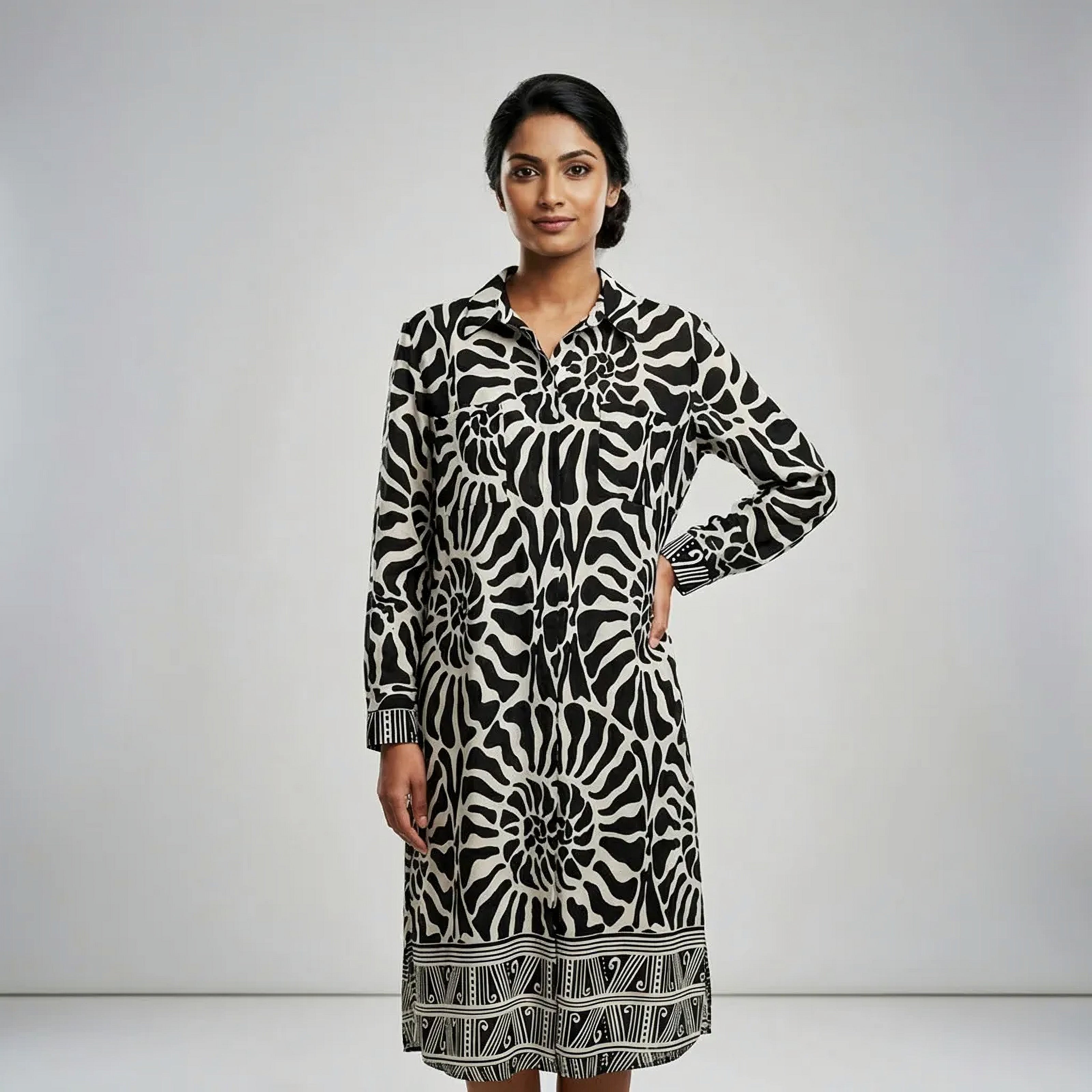 Cotton Black & Cream Pattern Printed Midi Shirt Dress