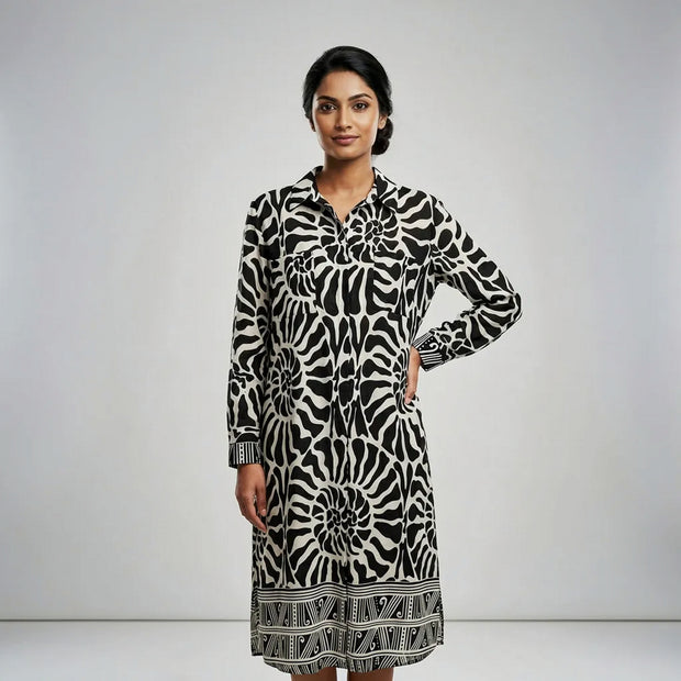 Cotton Black & Cream Pattern Printed Midi Shirt Dress