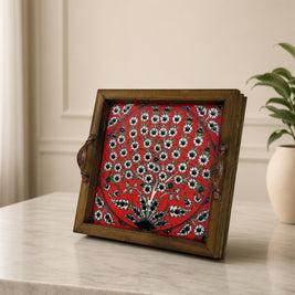 Hand-Painted Ceramic Decorative Serving Tray - Red Floral Tree Pattern
