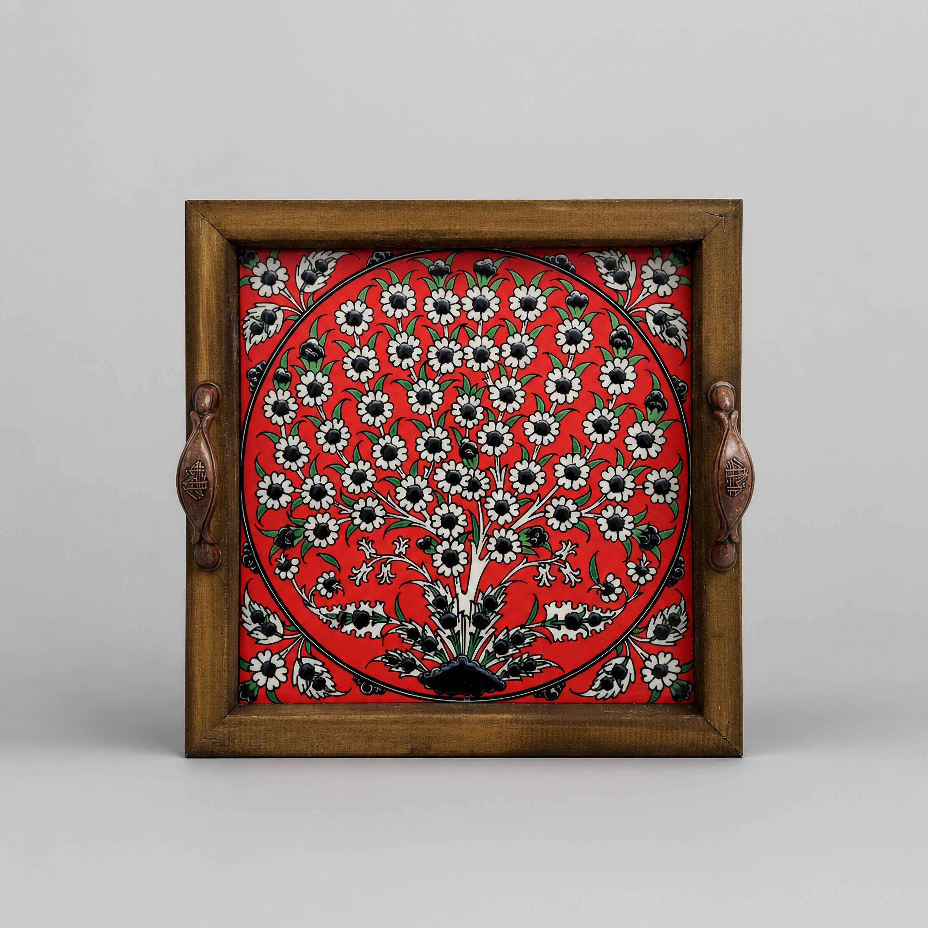 Hand-Painted Ceramic Decorative Serving Tray - Red Floral Tree Pattern