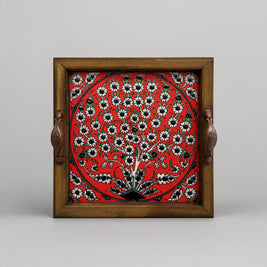 Hand-Painted Ceramic Decorative Serving Tray - Red Floral Tree Pattern